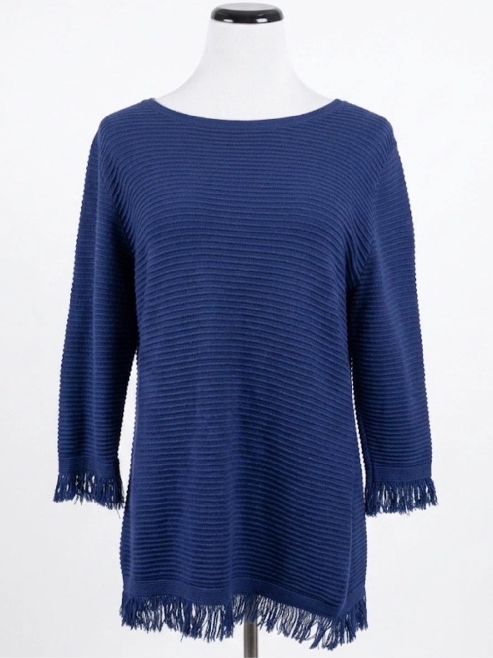 Lauren Michelle Woman Tunic Sweater 1X Royal Blue Ribbed Knit Fringe Tassel Plus
